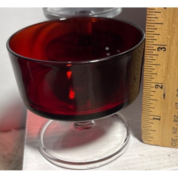 4 Vintage Ruby Red Glass Dessert Sherbet Bowls With Clear Pedestal Base France - Picture 5 of 14